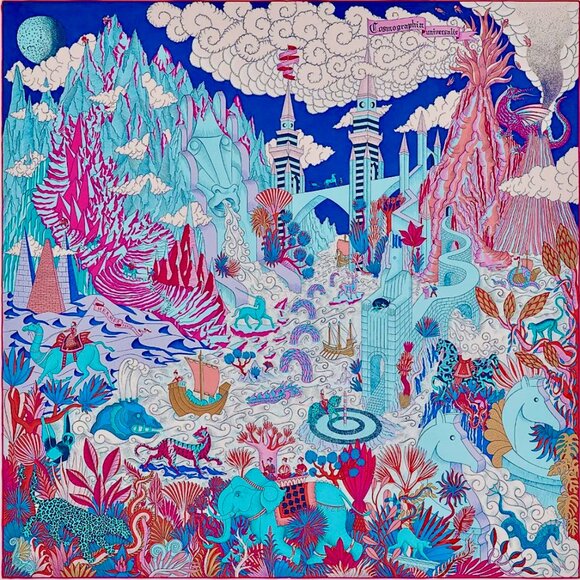 HERMES Silk Cosmographia Universalis Scarf 90 Bleu Jean Rose Vif. 100% Silk - Picture 1 of 8